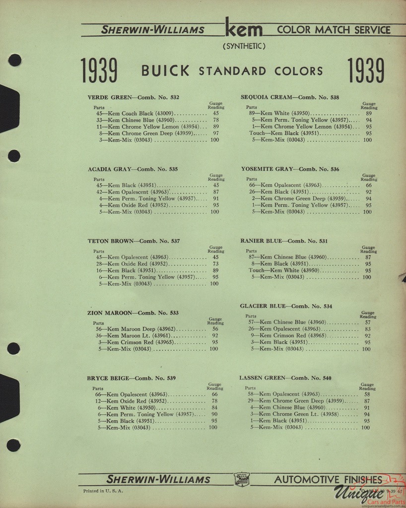 1939 Buick Paint Charts Williams 3